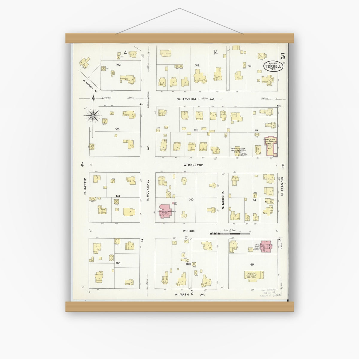 Old map wall art mockup — magnetic wood frame on white wall — Sanborn Fire Insurance Map from Terrell, Kaufman County, Texas (1909), Sheet #0005