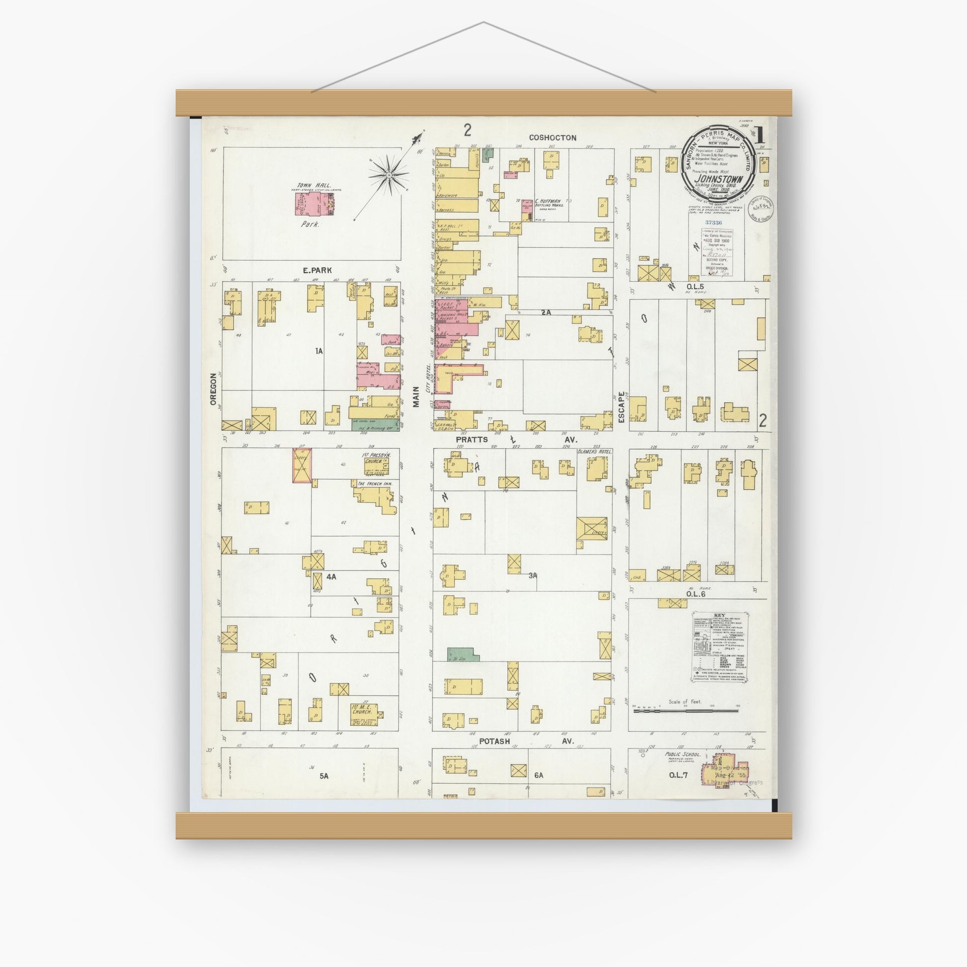Old map wall art mockup — magnetic wood frame on white wall — Sanborn Fire Insurance Map from Johnstown, Licking County, Ohio (1900) - Complete Map Set