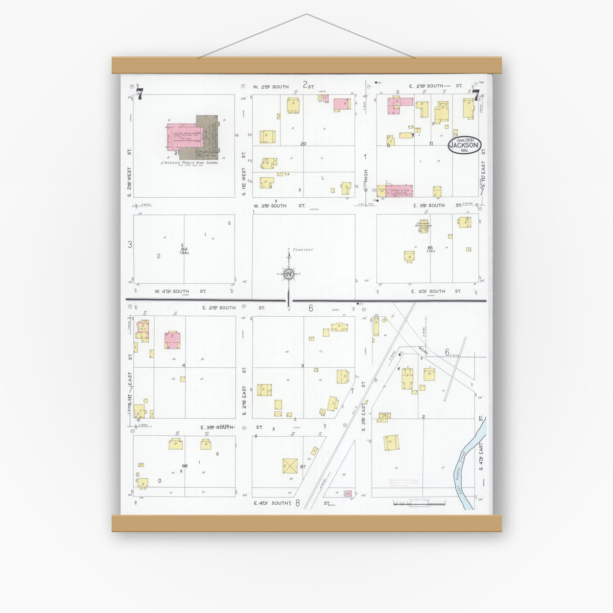 Old map wall art mockup — magnetic wood frame on white wall — Sanborn Fire Insurance Map from Jackson, Cape Girardeau County, Missouri (1931), Sheet #0007