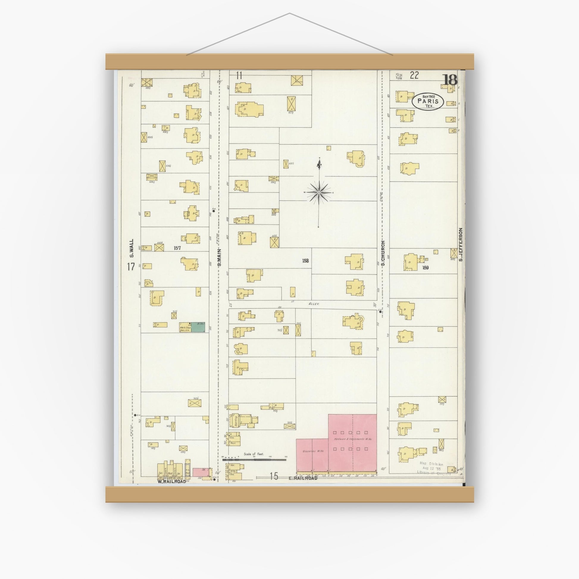 Old map wall art mockup — magnetic wood frame on white wall — Sanborn Fire Insurance Map from Paris, Lamar County, Texas (1902), Sheet #0018