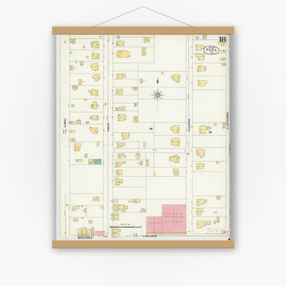 Old map wall art mockup — magnetic wood frame on white wall — Sanborn Fire Insurance Map from Paris, Lamar County, Texas (1902), Sheet #0018