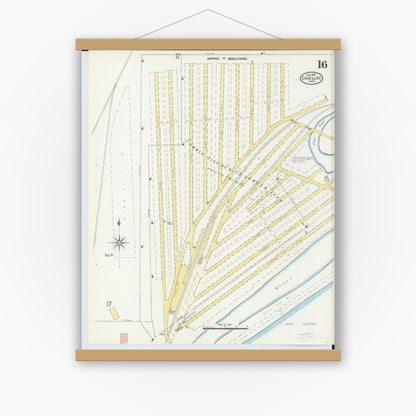 Old map wall art mockup — magnetic wood frame on white wall — Sanborn Fire Insurance Map from Cadillac, Wexford County, Michigan (1906), Sheet #0016