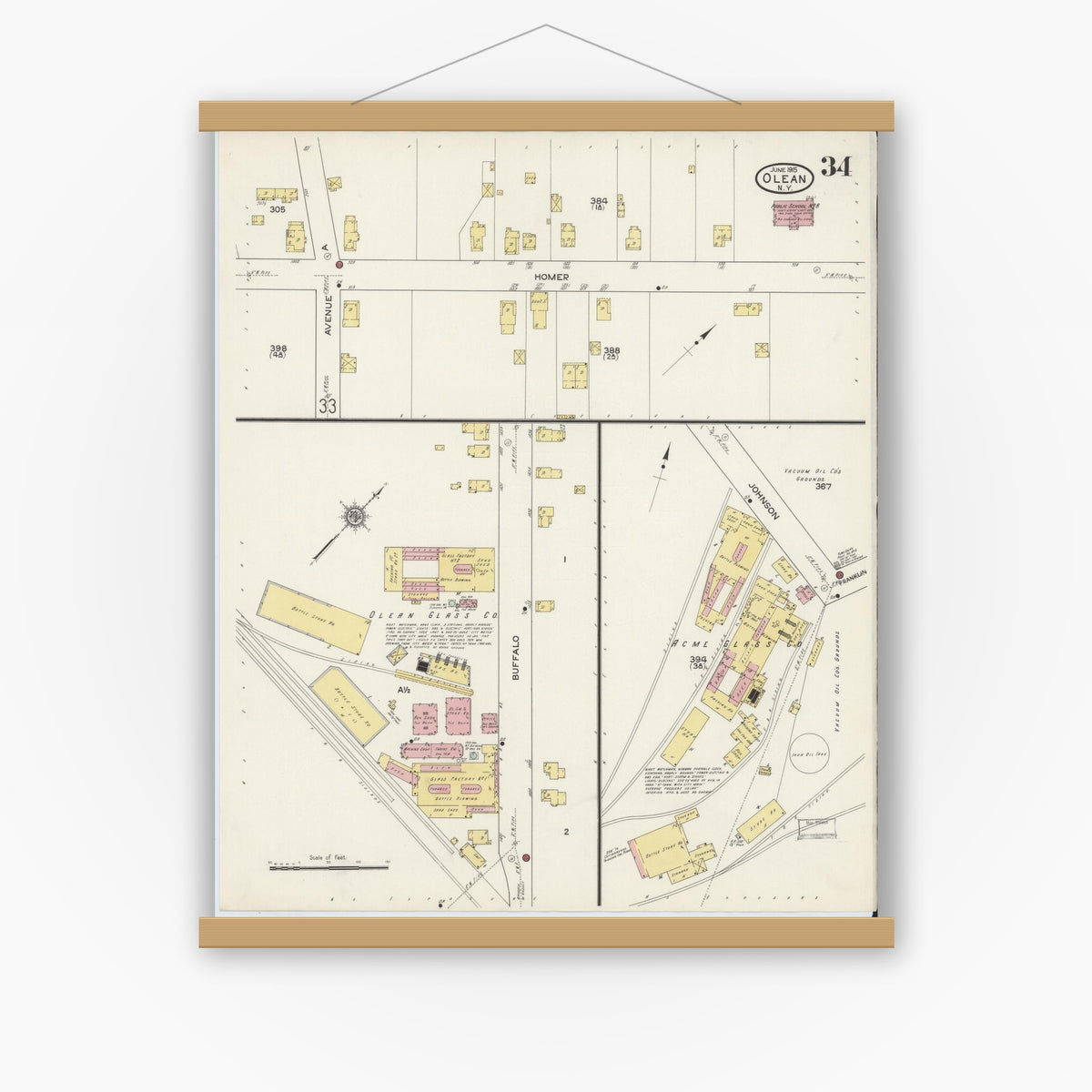 Old map wall art mockup — magnetic wood frame on white wall — Sanborn Fire Insurance Map from Olean, Cattaraugus County, New York (1915), Sheet #0034