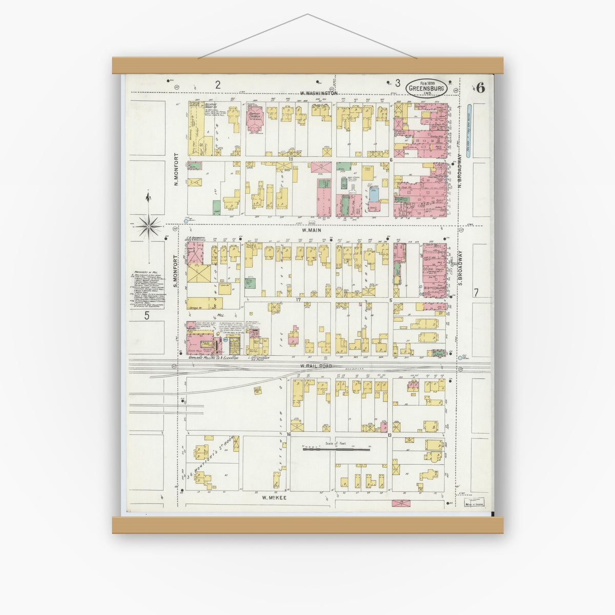 Old map wall art mockup — magnetic wood frame on white wall — Sanborn Fire Insurance Map from Greensburg, Decatur County, Indiana (1899), Sheet #0006