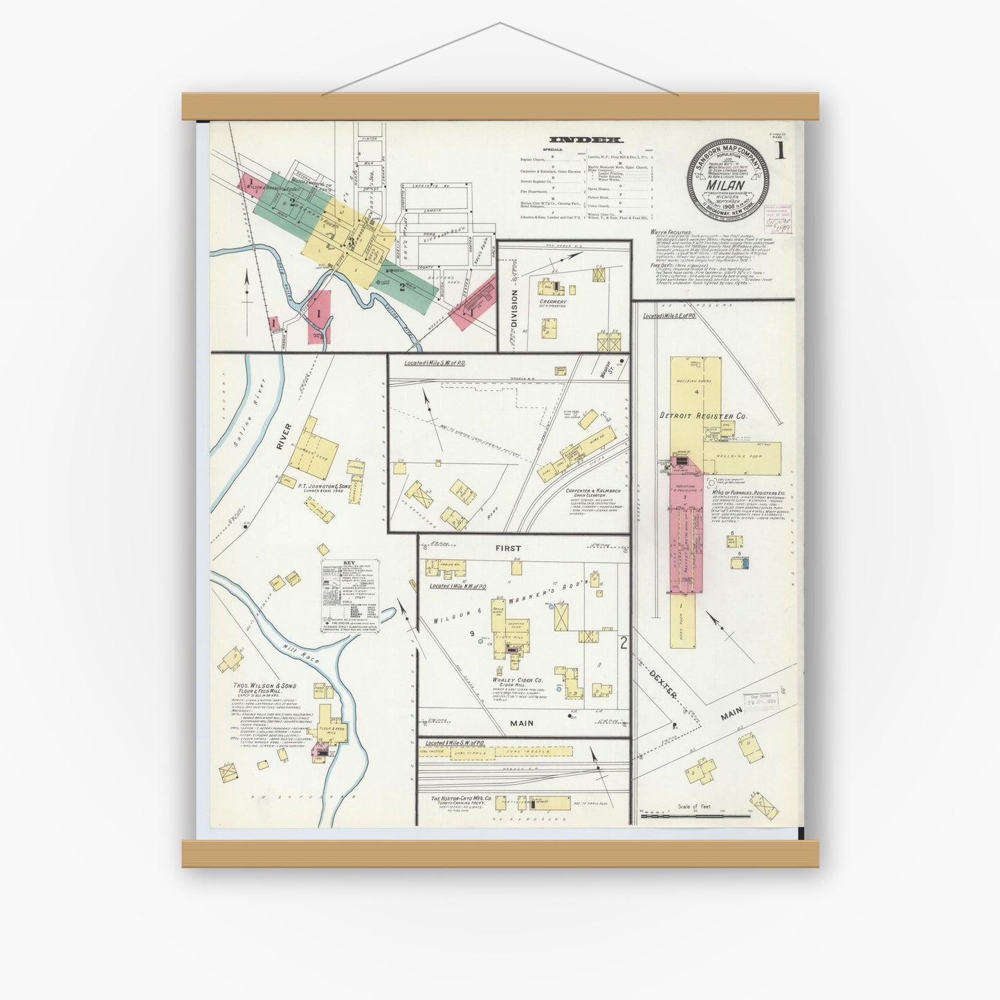 Old map wall art mockup — magnetic wood frame on white wall — Sanborn Fire Insurance Map from Milan, Washtenaw And Monroe Counties, Michigan (1908) - Complete Map Set