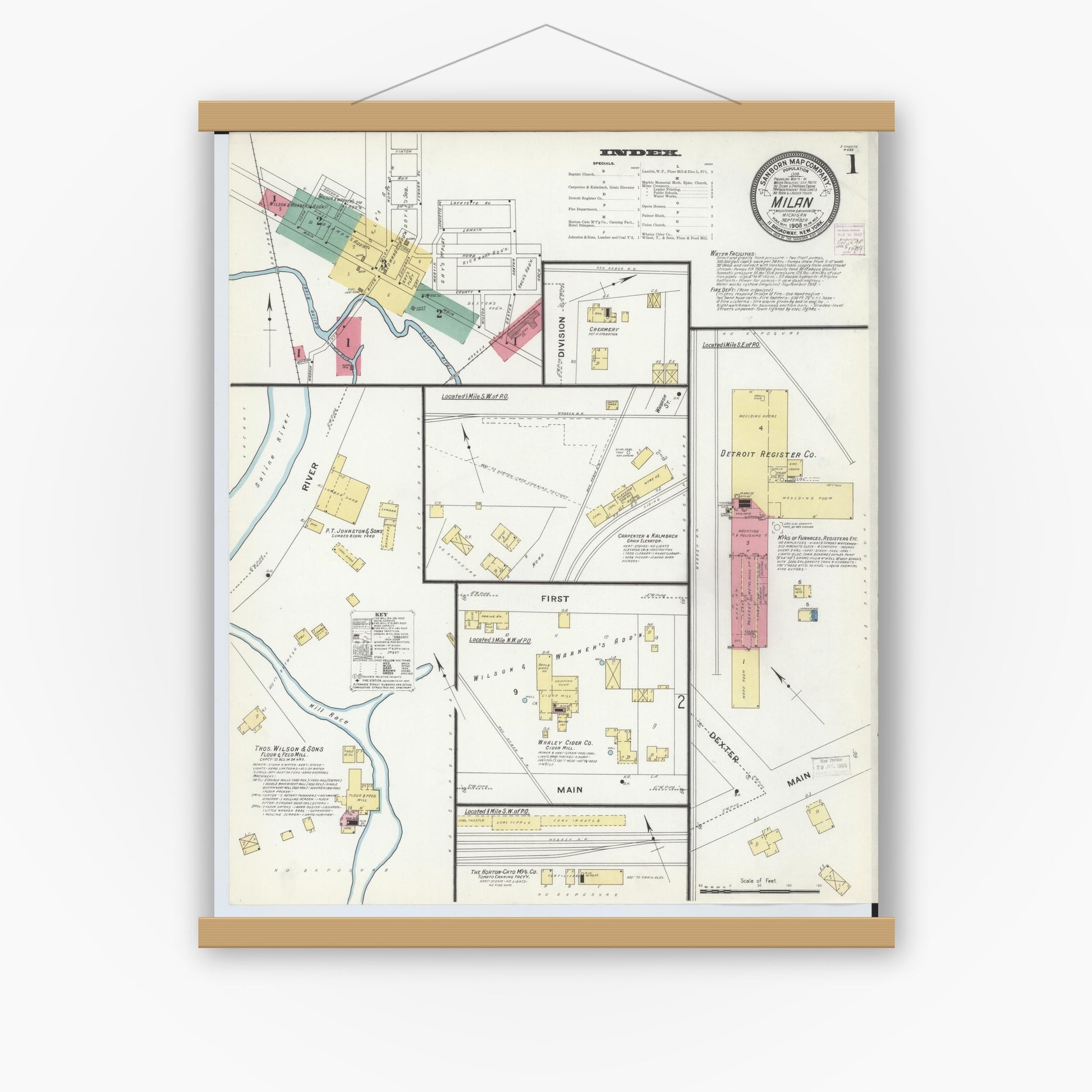 Old map wall art mockup — magnetic wood frame on white wall — Sanborn Fire Insurance Map from Milan, Washtenaw And Monroe Counties, Michigan (1908) - Complete Map Set