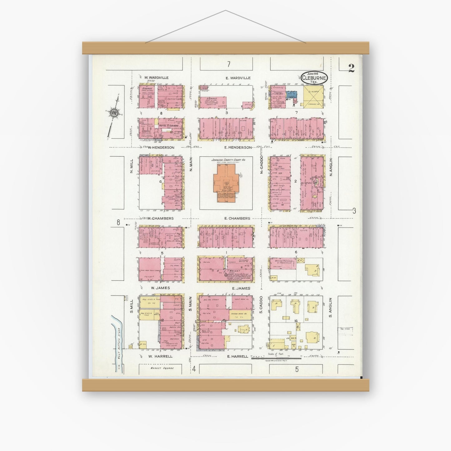 Old map wall art mockup — magnetic wood frame on white wall — Sanborn Fire Insurance Map from Cleburne, Johnson County, Texas (1918), Sheet #0002