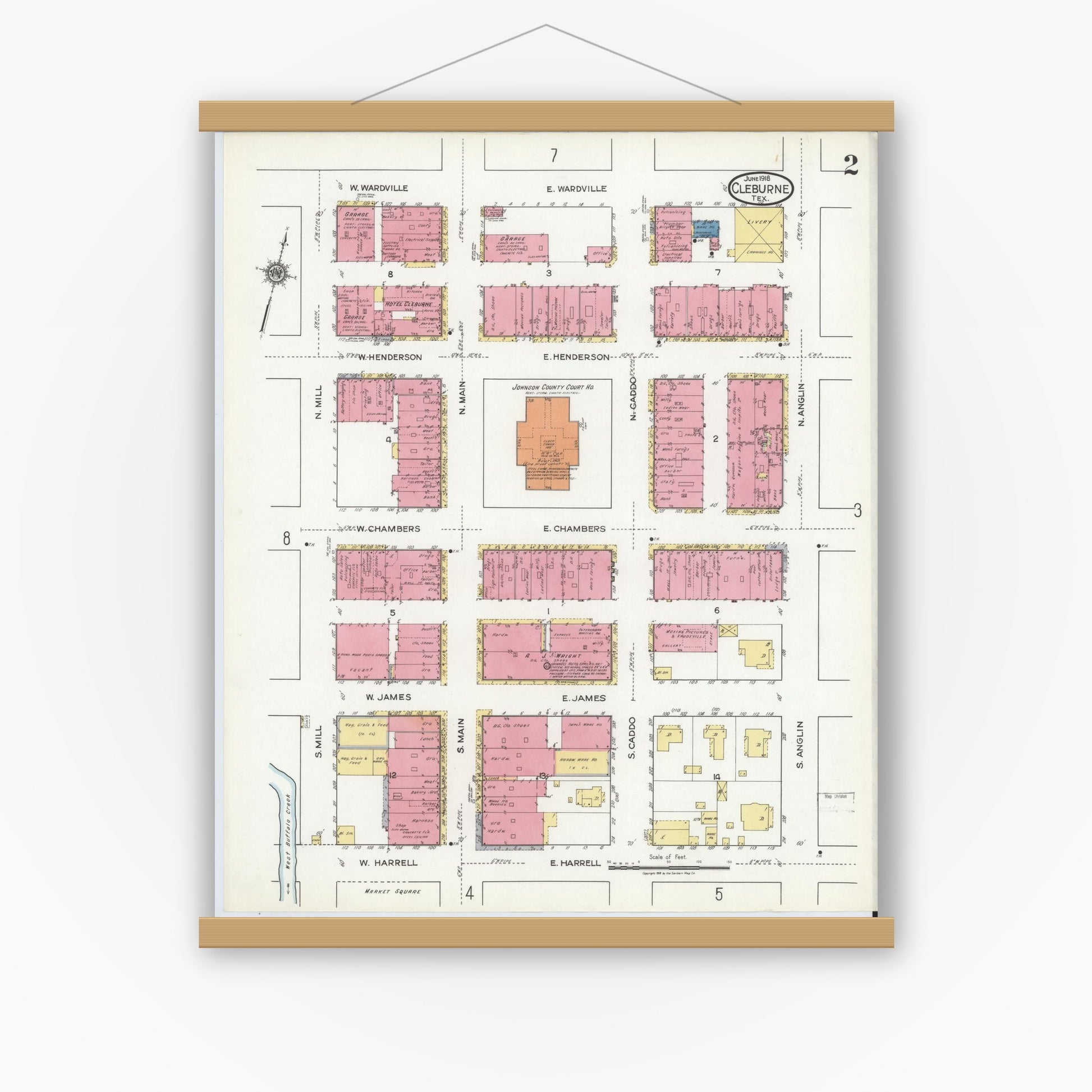 Old map wall art mockup — magnetic wood frame on white wall — Sanborn Fire Insurance Map from Cleburne, Johnson County, Texas (1918), Sheet #0002