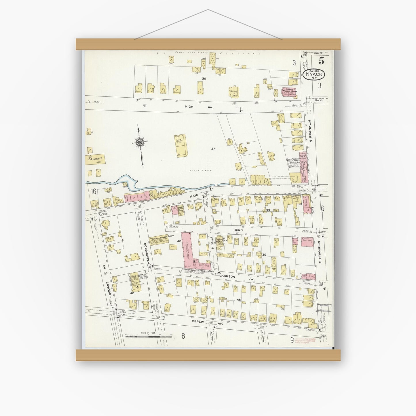 Old map wall art mockup — magnetic wood frame on white wall — Sanborn Fire Insurance Map from Nyack, Rockland County, New York. (1910), Sheet #0005