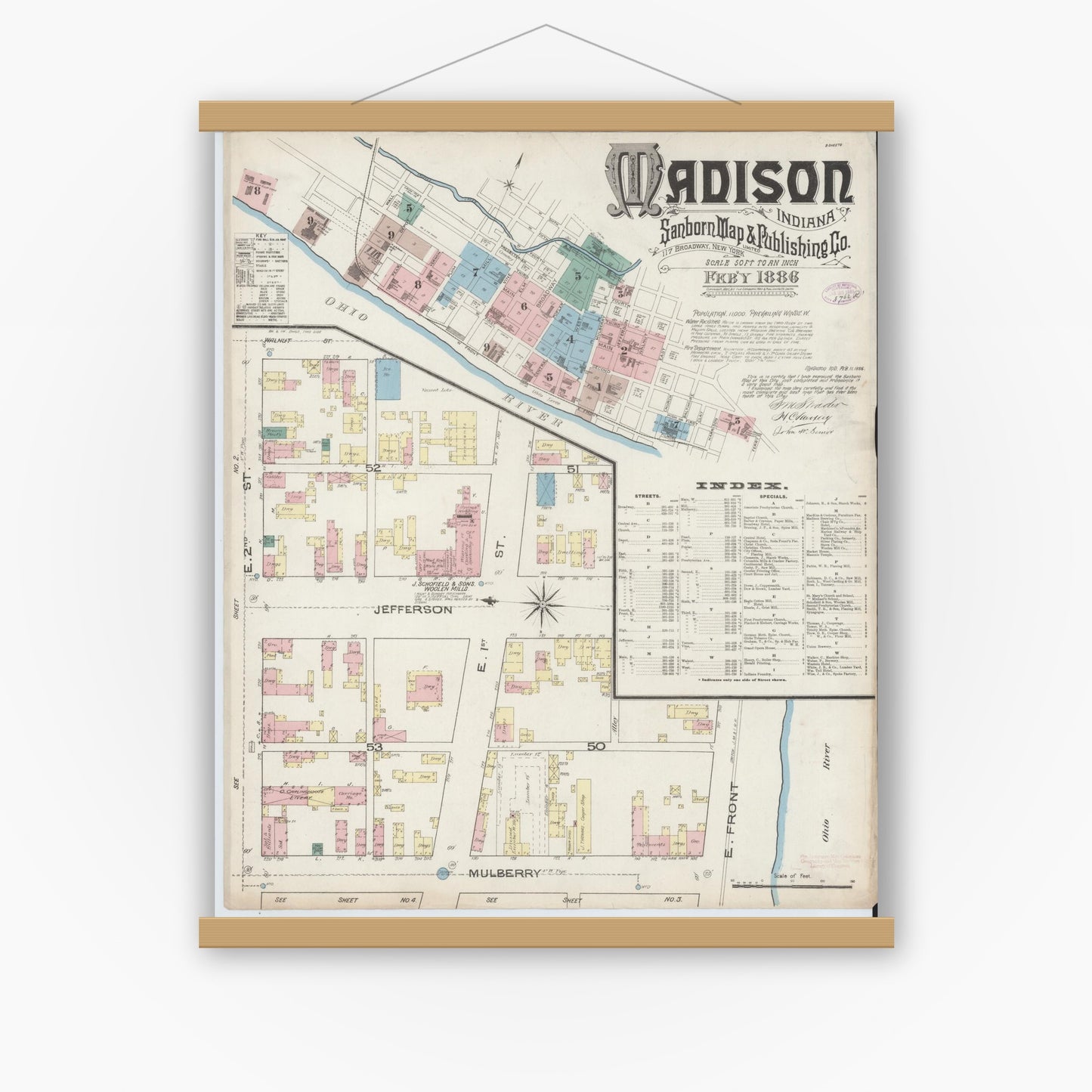 Old map wall art mockup — magnetic wood frame on white wall — Sanborn Fire Insurance Map from Madison, Jefferson County, Indiana (1886) - Complete Map Set