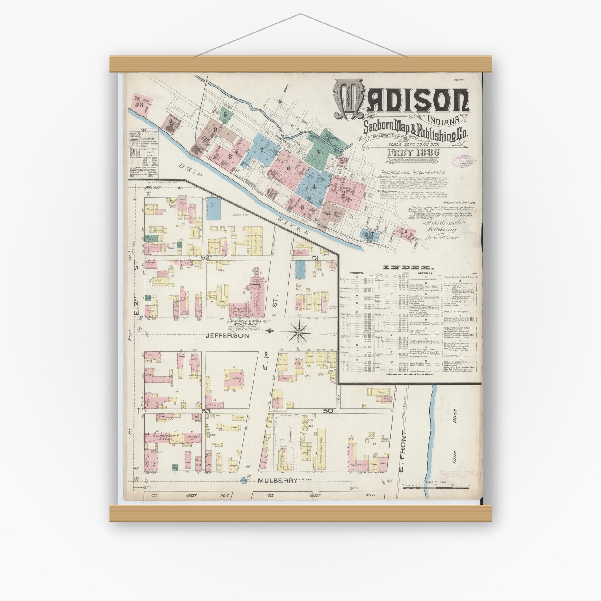 Old map wall art mockup — magnetic wood frame on white wall — Sanborn Fire Insurance Map from Madison, Jefferson County, Indiana (1886) - Complete Map Set