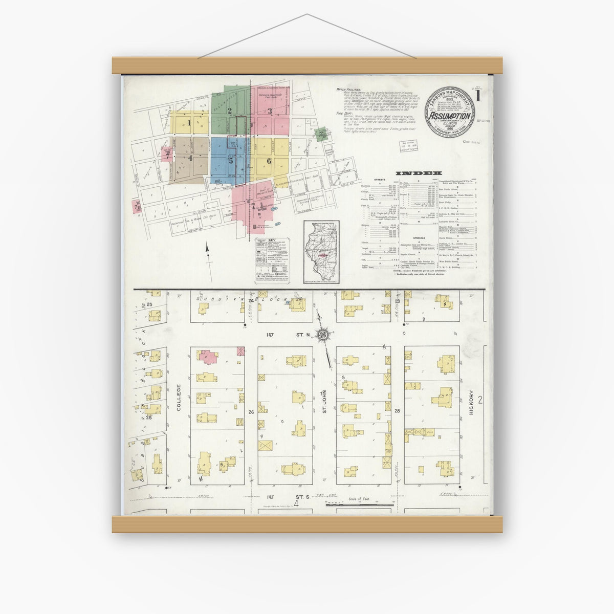 Old map wall art mockup — magnetic wood frame on white wall — Sanborn Fire Insurance Map from Assumption, Christian County, Illinois (1916), Sheet #0001