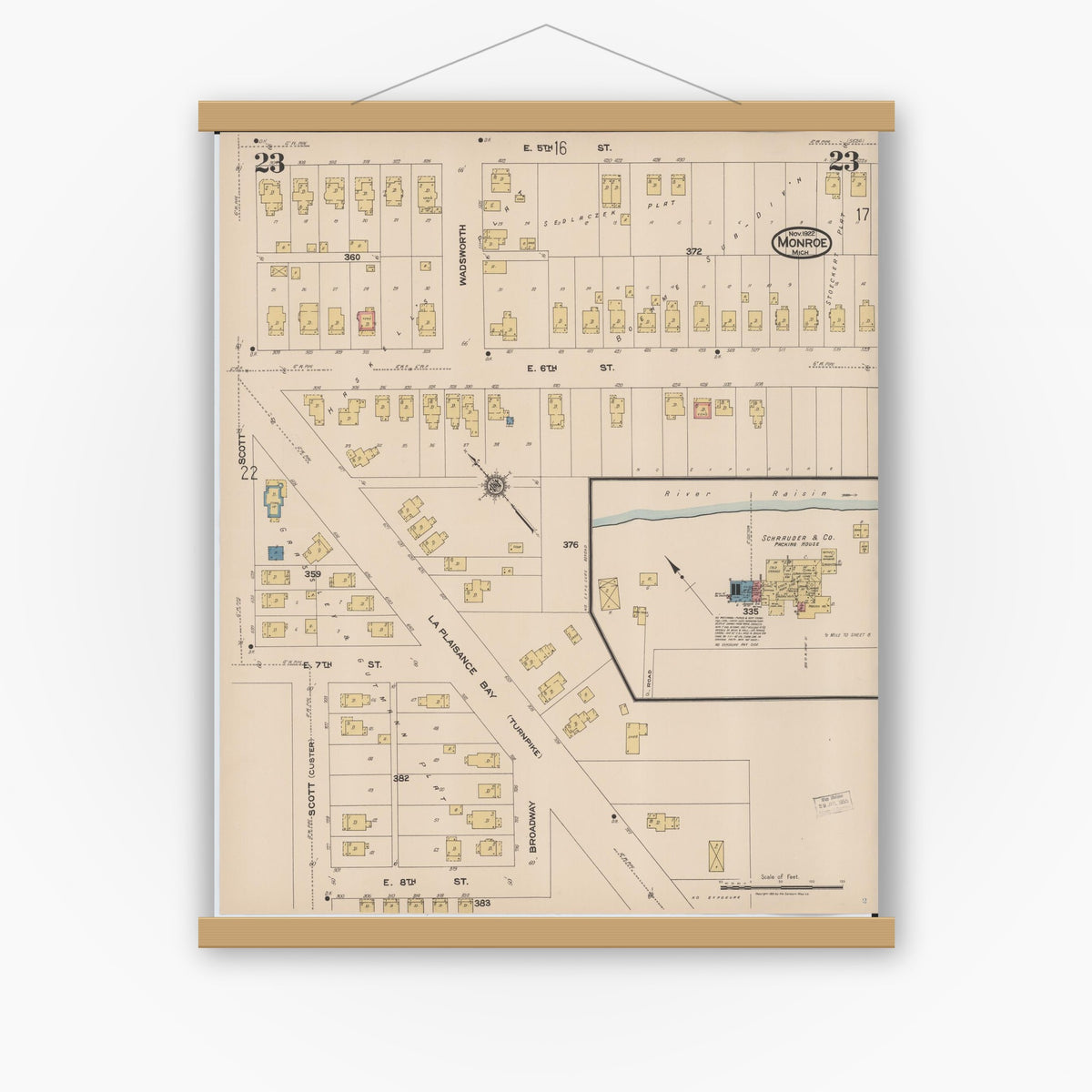 Old map wall art mockup — magnetic wood frame on white wall — Sanborn Fire Insurance Map from Monroe, Monroe County, Michigan (1922), Sheet #0023