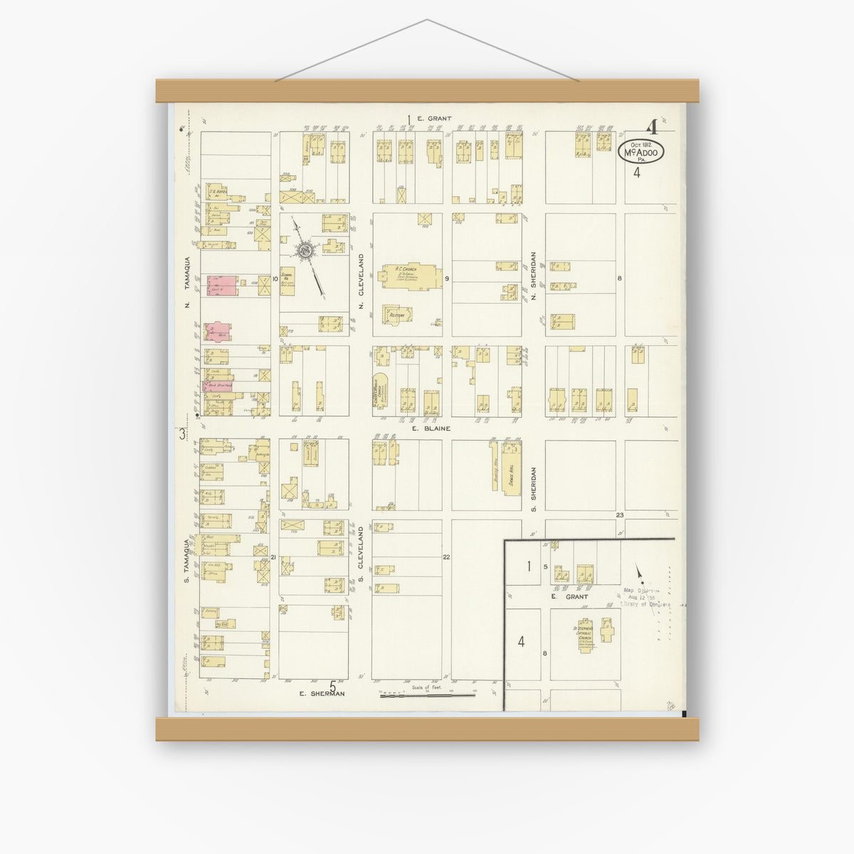Old map wall art mockup — magnetic wood frame on white wall — Sanborn Fire Insurance Map from McAdoo, Schuylkill County, Pennsylvania (1912), Sheet #0004