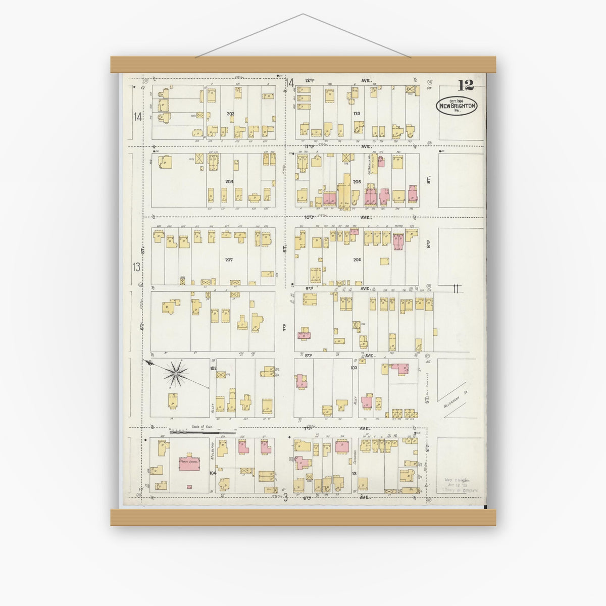 Old map wall art mockup — magnetic wood frame on white wall — Sanborn Fire Insurance Map from New Brighton, Beaver County, Pennsylvania (1906), Sheet #0012