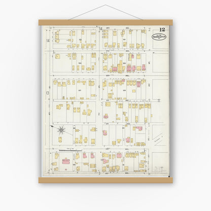 Old map wall art mockup — magnetic wood frame on white wall — Sanborn Fire Insurance Map from New Brighton, Beaver County, Pennsylvania (1906), Sheet #0012