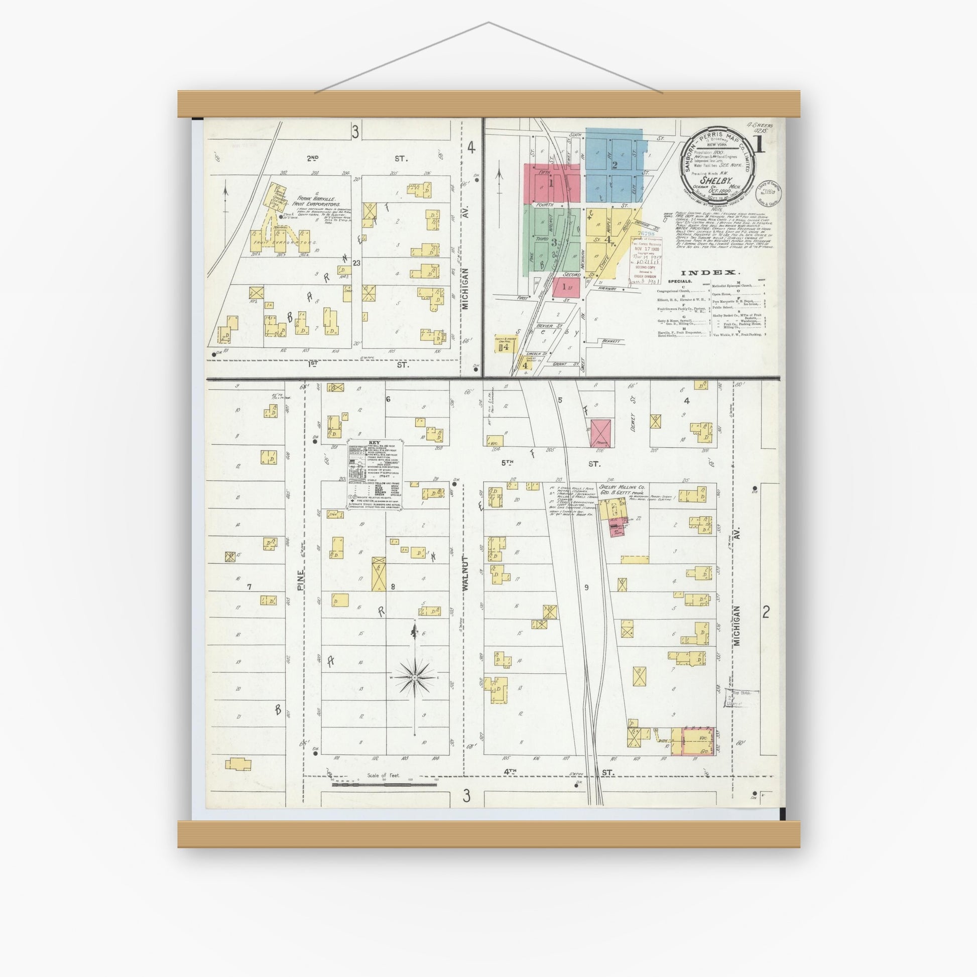 Old map wall art mockup — magnetic wood frame on white wall — Sanborn Fire Insurance Map from Shelby, Oceana County, Michigan (1900) - Complete Map Set