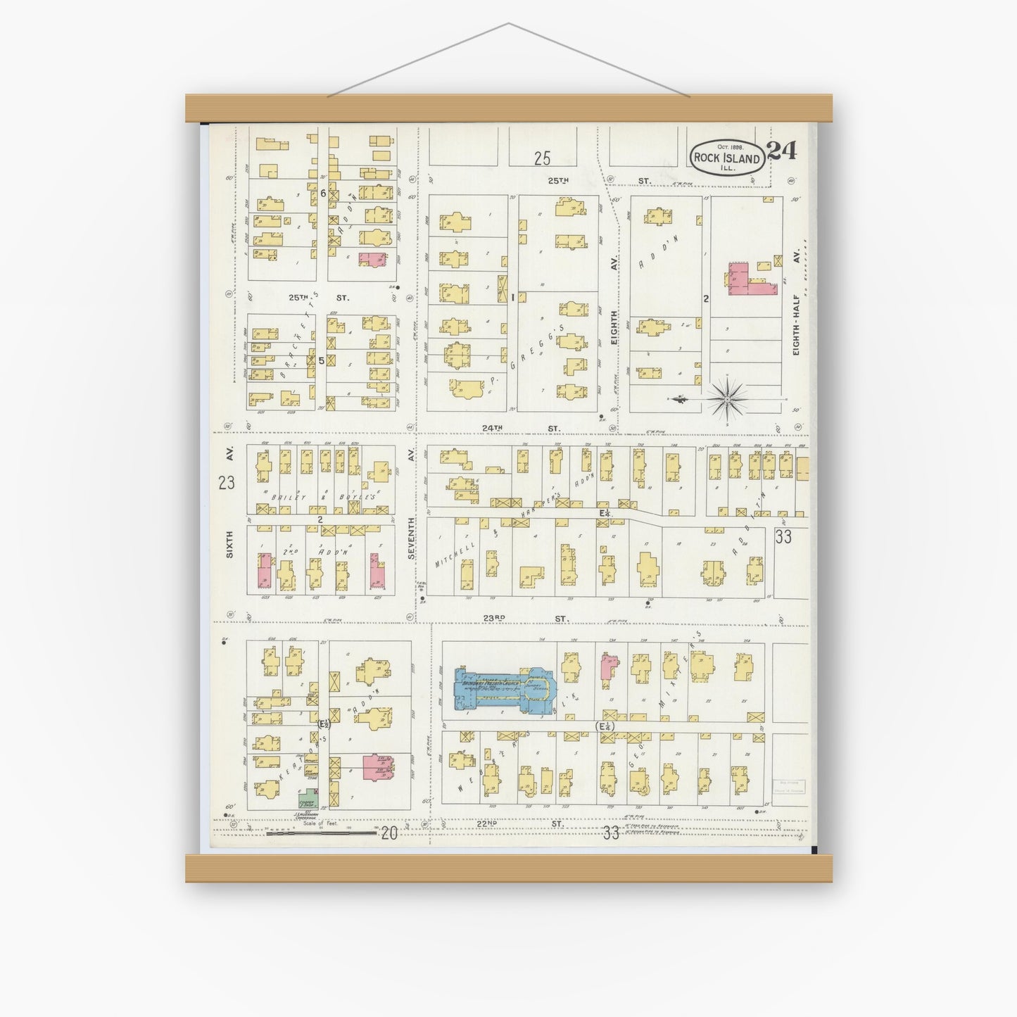 Old map wall art mockup — magnetic wood frame on white wall — Sanborn Fire Insurance Map from Rock Island, Rock Island County, Illinois (1898), Sheet #0024