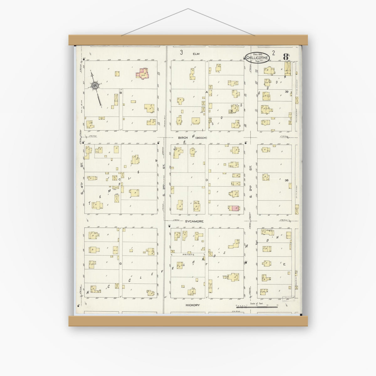 Old map wall art mockup — magnetic wood frame on white wall — Sanborn Fire Insurance Map from Chillicothe, Peoria County, Illinois (1913), Sheet #0008