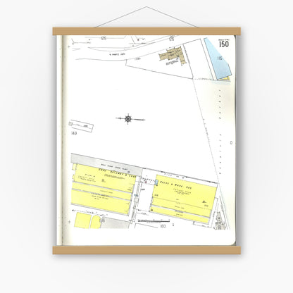 Old map wall art mockup — magnetic wood frame on white wall — Sanborn Fire Insurance Map from Honolulu, Oahu County, Hawaii (1955), Sheet #0150