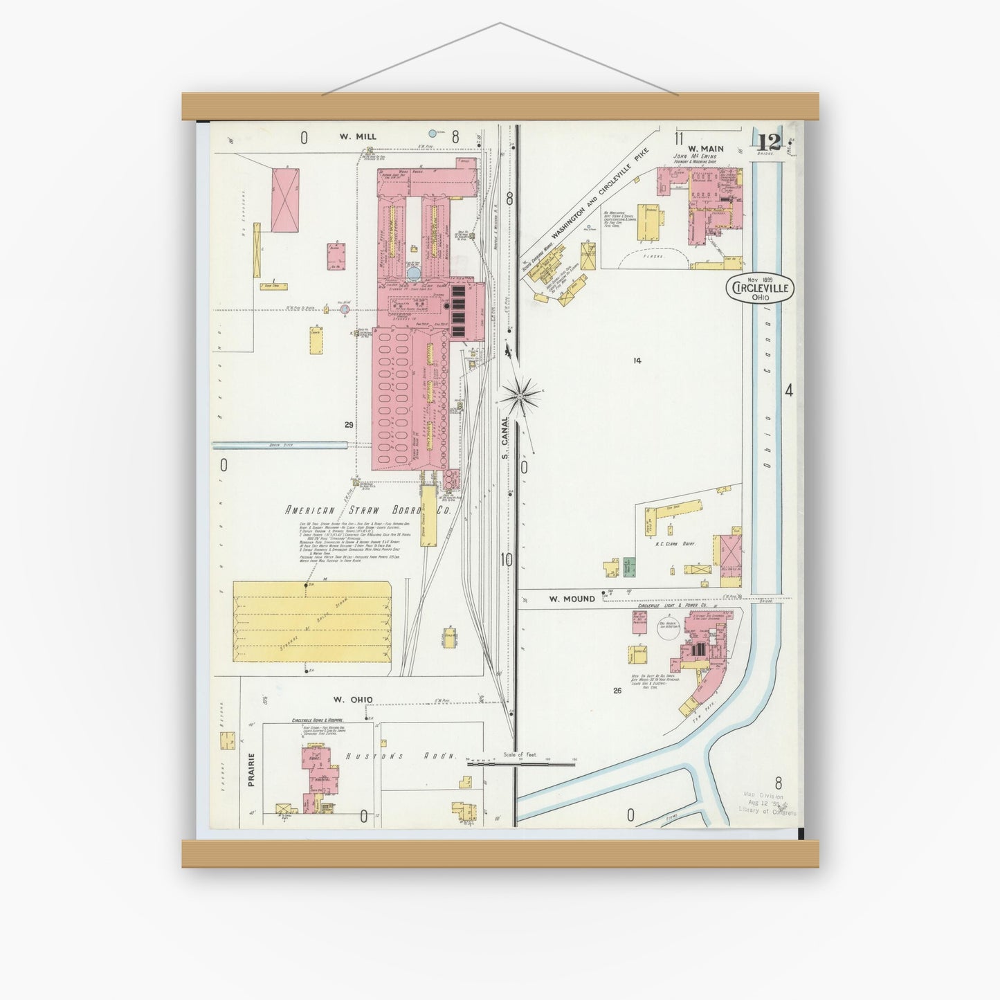 Old map wall art mockup — magnetic wood frame on white wall — Sanborn Fire Insurance Map from Circleville, Pickaway County, Ohio (1899), Sheet #0012