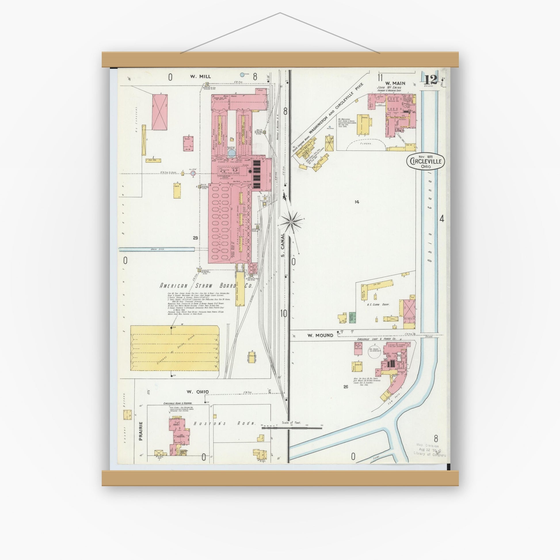 Old map wall art mockup — magnetic wood frame on white wall — Sanborn Fire Insurance Map from Circleville, Pickaway County, Ohio (1899), Sheet #0012