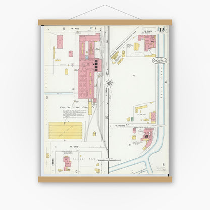 Old map wall art mockup — magnetic wood frame on white wall — Sanborn Fire Insurance Map from Circleville, Pickaway County, Ohio (1899), Sheet #0012