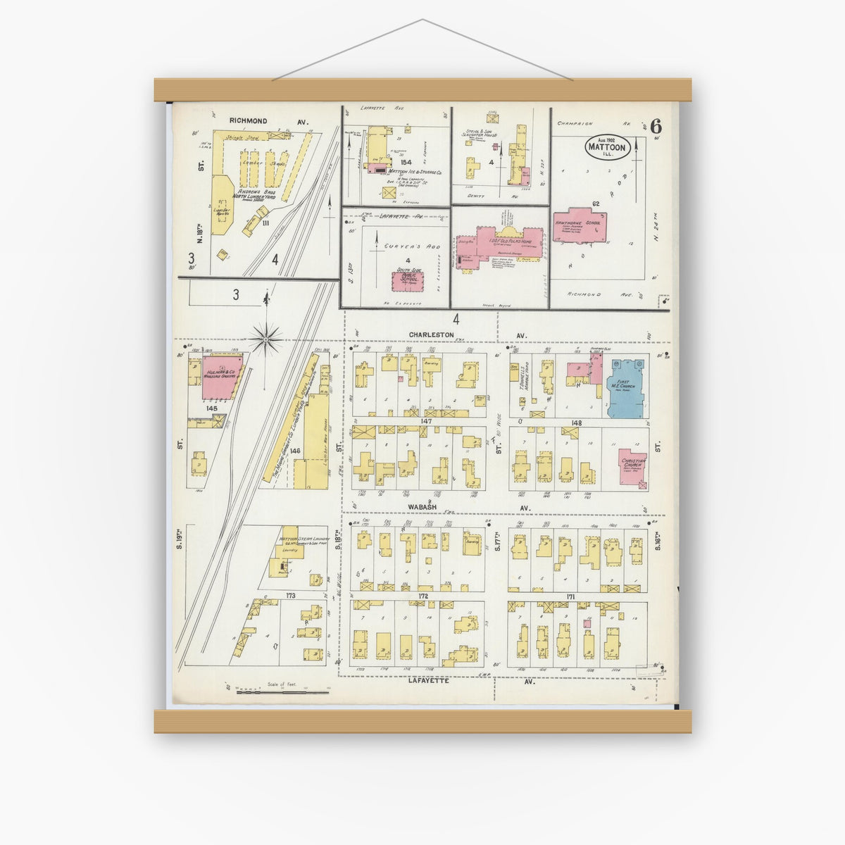 Old map wall art mockup — magnetic wood frame on white wall — Sanborn Fire Insurance Map from Mattoon, Coles County, Illinois (1902), Sheet #0006