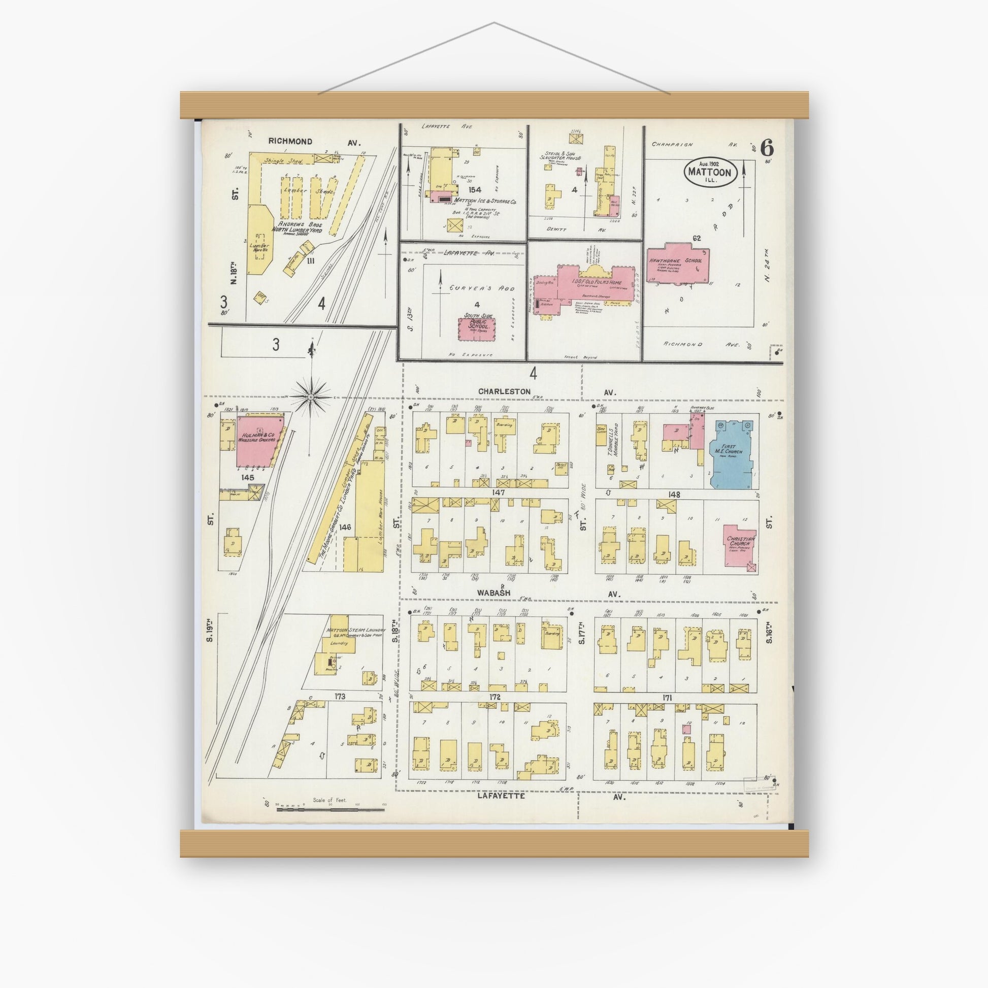 Old map wall art mockup — magnetic wood frame on white wall — Sanborn Fire Insurance Map from Mattoon, Coles County, Illinois (1902), Sheet #0006