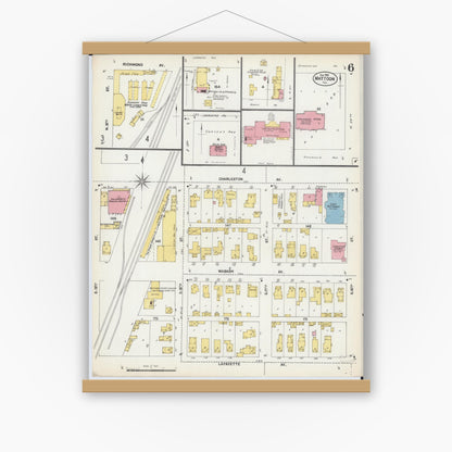 Old map wall art mockup — magnetic wood frame on white wall — Sanborn Fire Insurance Map from Mattoon, Coles County, Illinois (1902), Sheet #0006