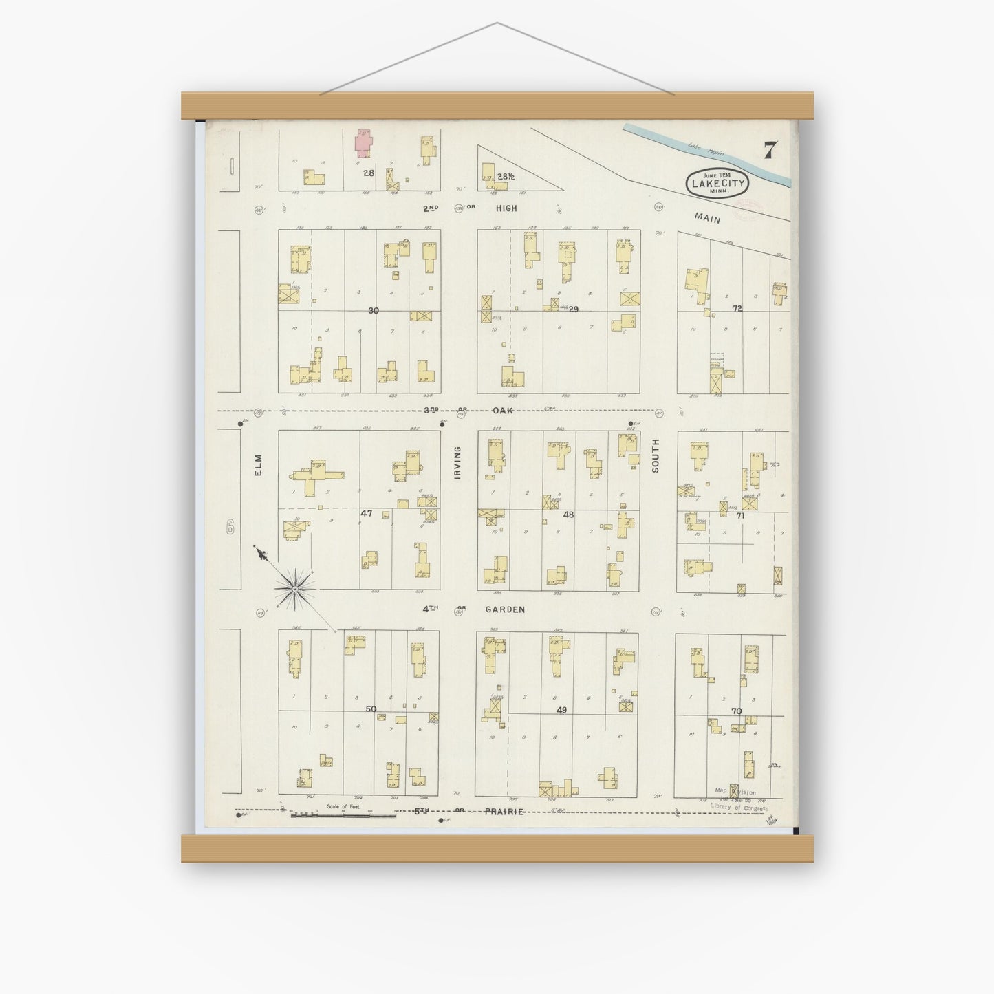 Old map wall art mockup — magnetic wood frame on white wall — Sanborn Fire Insurance Map from Lake City, Wabasha County, Minnesota (1894), Sheet #0007