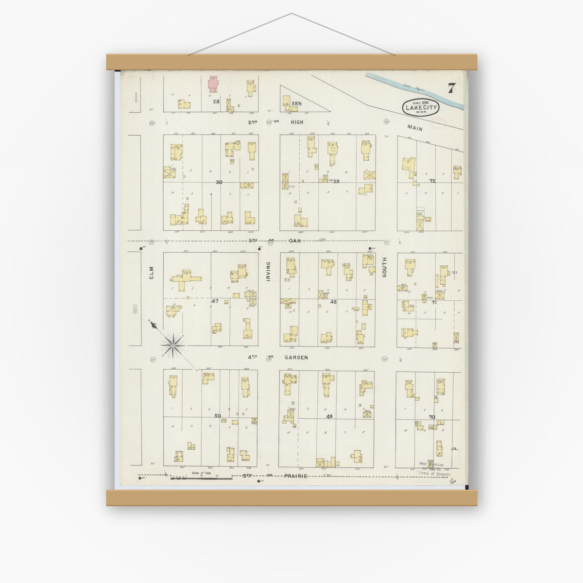 Old map wall art mockup — magnetic wood frame on white wall — Sanborn Fire Insurance Map from Lake City, Wabasha County, Minnesota (1894), Sheet #0007
