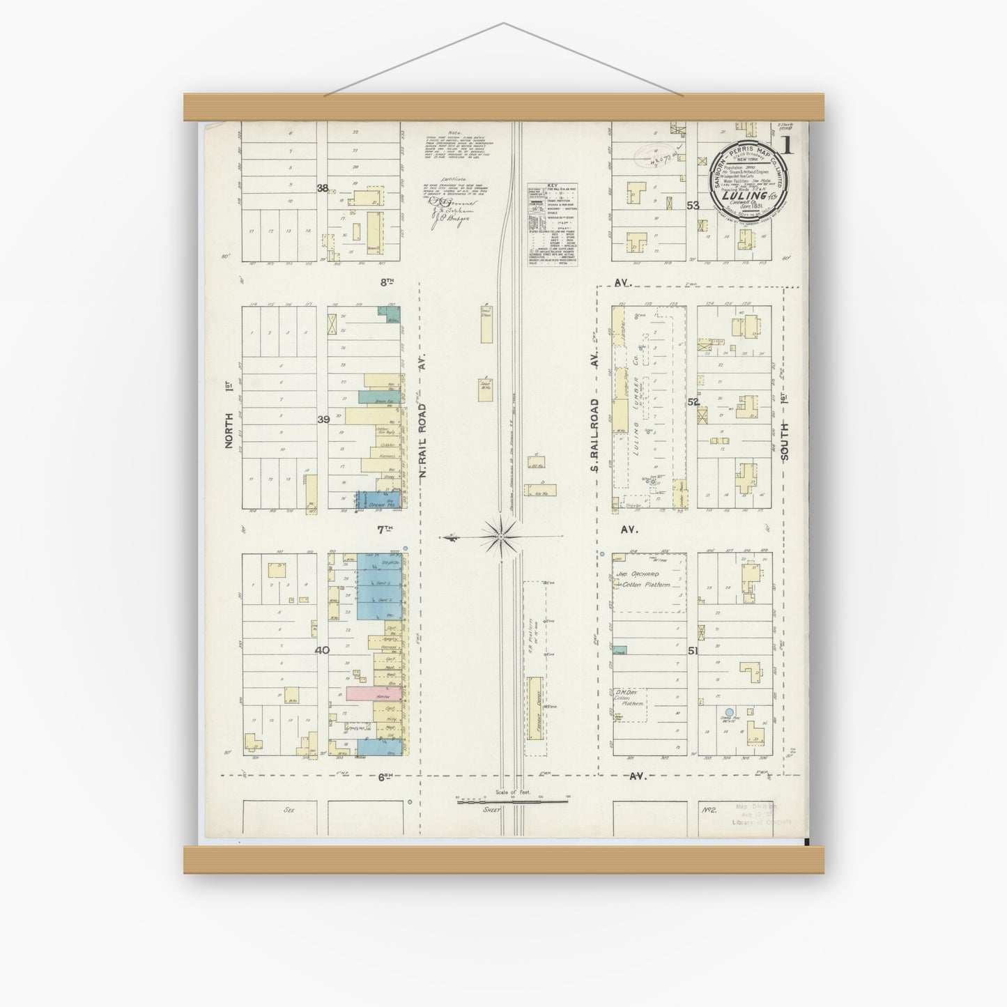 Old map wall art mockup — magnetic wood frame on white wall — Sanborn Fire Insurance Map from Luling, Caldwell County, Texas (1891), Sheet #0001