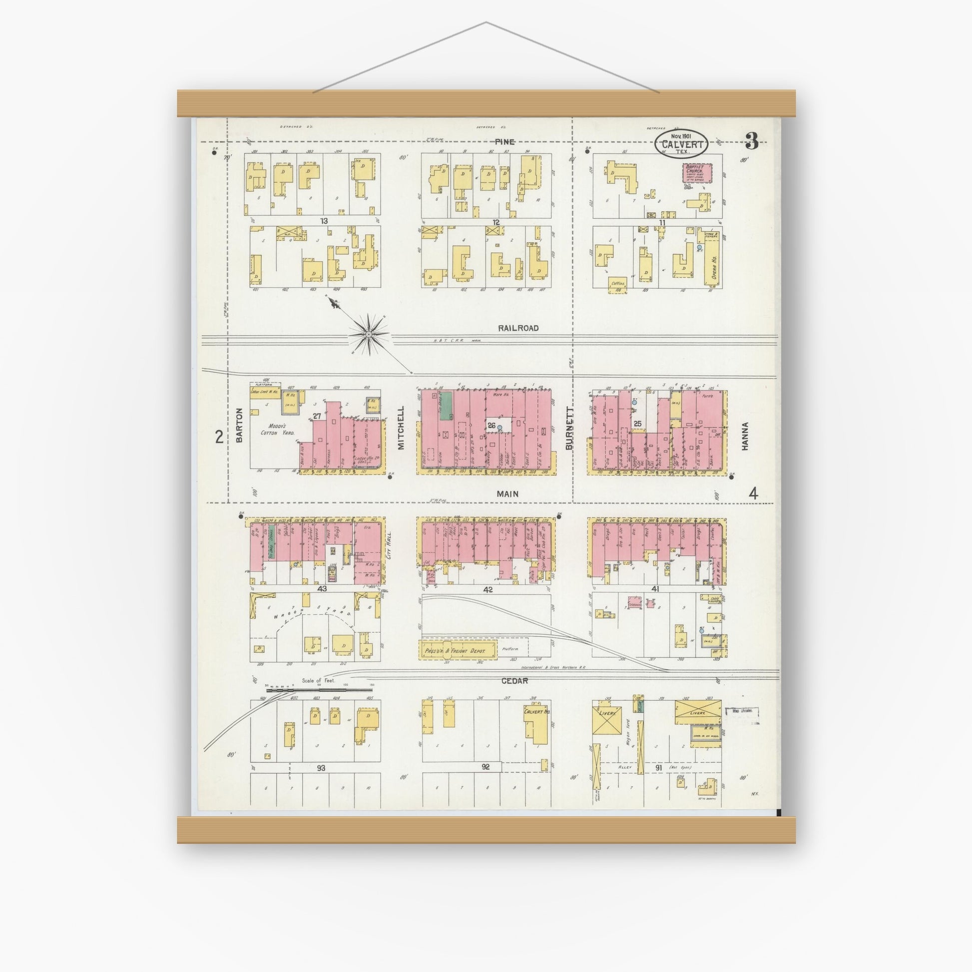 Old map wall art mockup — magnetic wood frame on white wall — Sanborn Fire Insurance Map from Calvert, Robertson County, Texas (1901), Sheet #0003