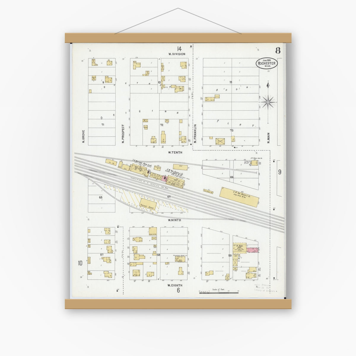 Old map wall art mockup — magnetic wood frame on white wall — Sanborn Fire Insurance Map from Rochester, Olmsted County, Minnesota (1899), Sheet #0008