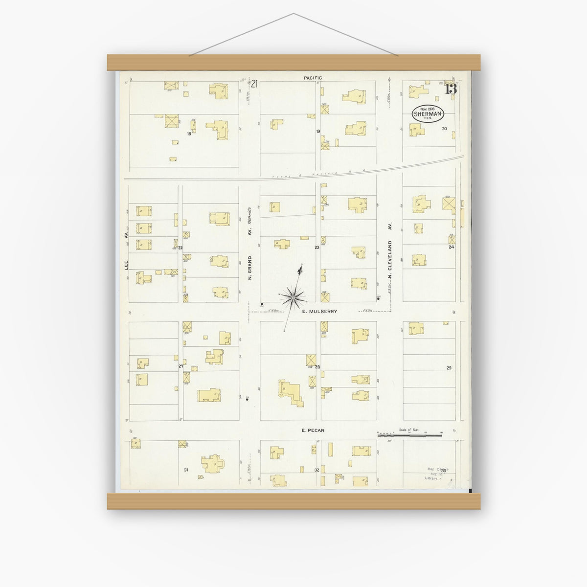 Old map wall art mockup — magnetic wood frame on white wall — Sanborn Fire Insurance Map from Sherman, Grayson County, Texas (1908), Sheet #0013