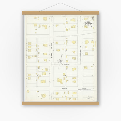 Old map wall art mockup — magnetic wood frame on white wall — Sanborn Fire Insurance Map from Sherman, Grayson County, Texas (1908), Sheet #0013