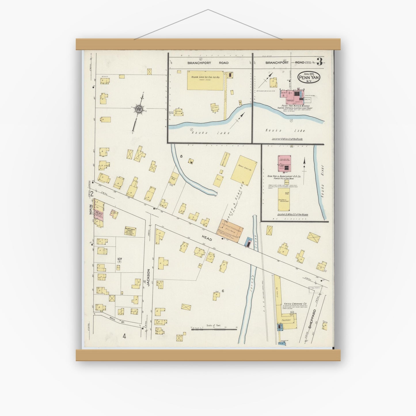 Old map wall art mockup — magnetic wood frame on white wall — Sanborn Fire Insurance Map from Penn Yan, Yates County, New York (1915), Sheet #0002