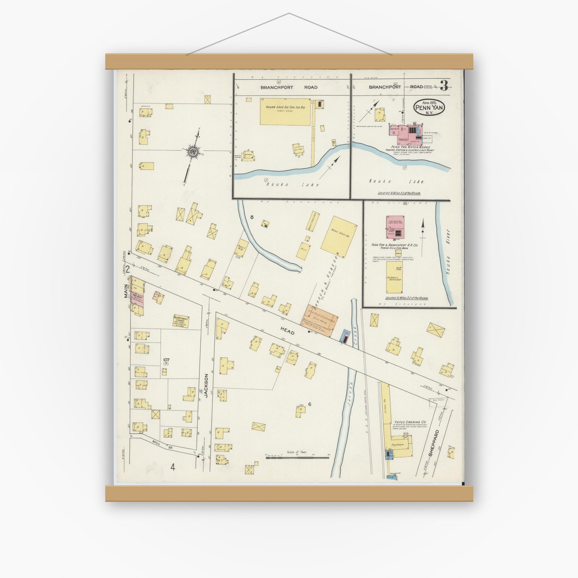 Old map wall art mockup — magnetic wood frame on white wall — Sanborn Fire Insurance Map from Penn Yan, Yates County, New York (1915), Sheet #0002