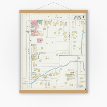 Old map wall art mockup — magnetic wood frame on white wall — Sanborn Fire Insurance Map from Oberlin, Lorain County, Ohio (1893), Sheet #0004