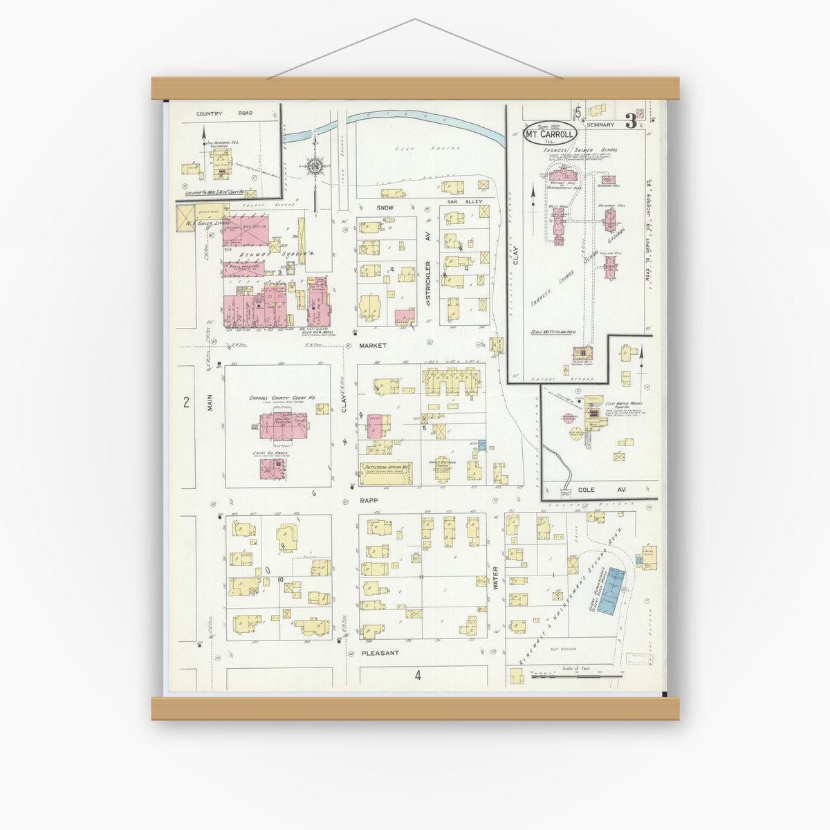 Old map wall art mockup — magnetic wood frame on white wall — Sanborn Fire Insurance Map from Mount Carroll, Carroll County, Illinois (1912), Sheet #0003