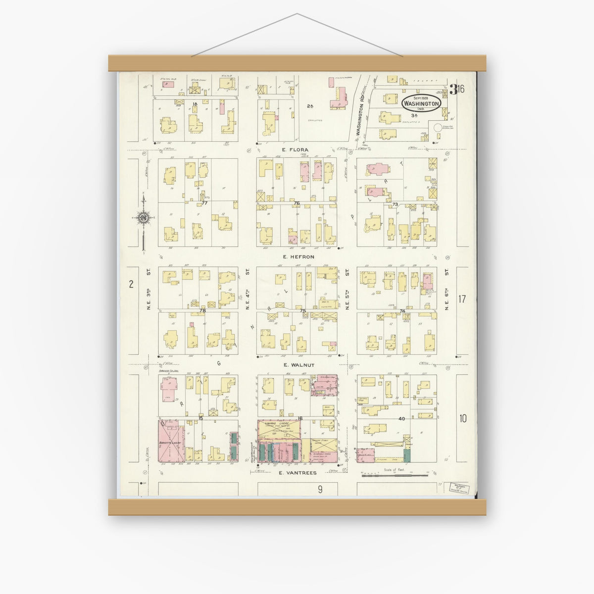 Old map wall art mockup — magnetic wood frame on white wall — Sanborn Fire Insurance Map from Washington, Daviess County, Indiana (1909), Sheet #0003