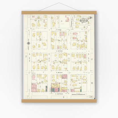 Old map wall art mockup — magnetic wood frame on white wall — Sanborn Fire Insurance Map from Washington, Daviess County, Indiana (1909), Sheet #0003