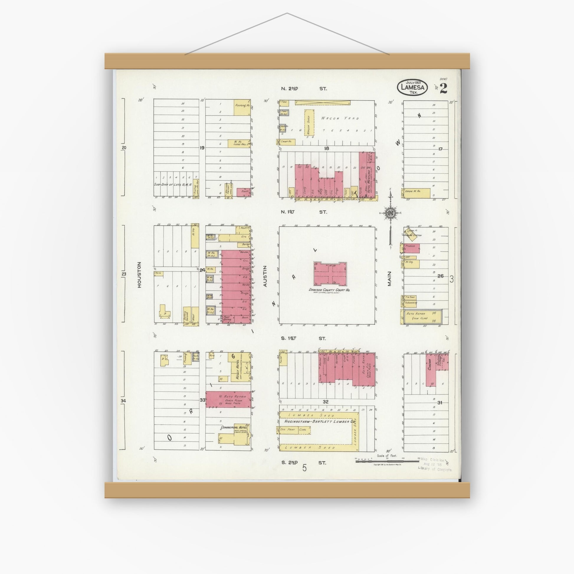 Old map wall art mockup — magnetic wood frame on white wall — Sanborn Fire Insurance Map from Lamesa, Dawson County, Texas (1921), Sheet #0002