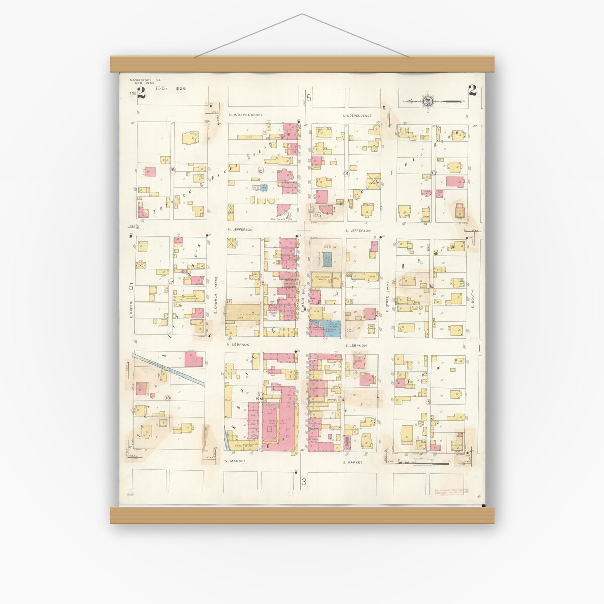 Old map wall art mockup — magnetic wood frame on white wall — Sanborn Fire Insurance Map from Mascoutah, Saint Clair County, Illinois (1942), Sheet #0002