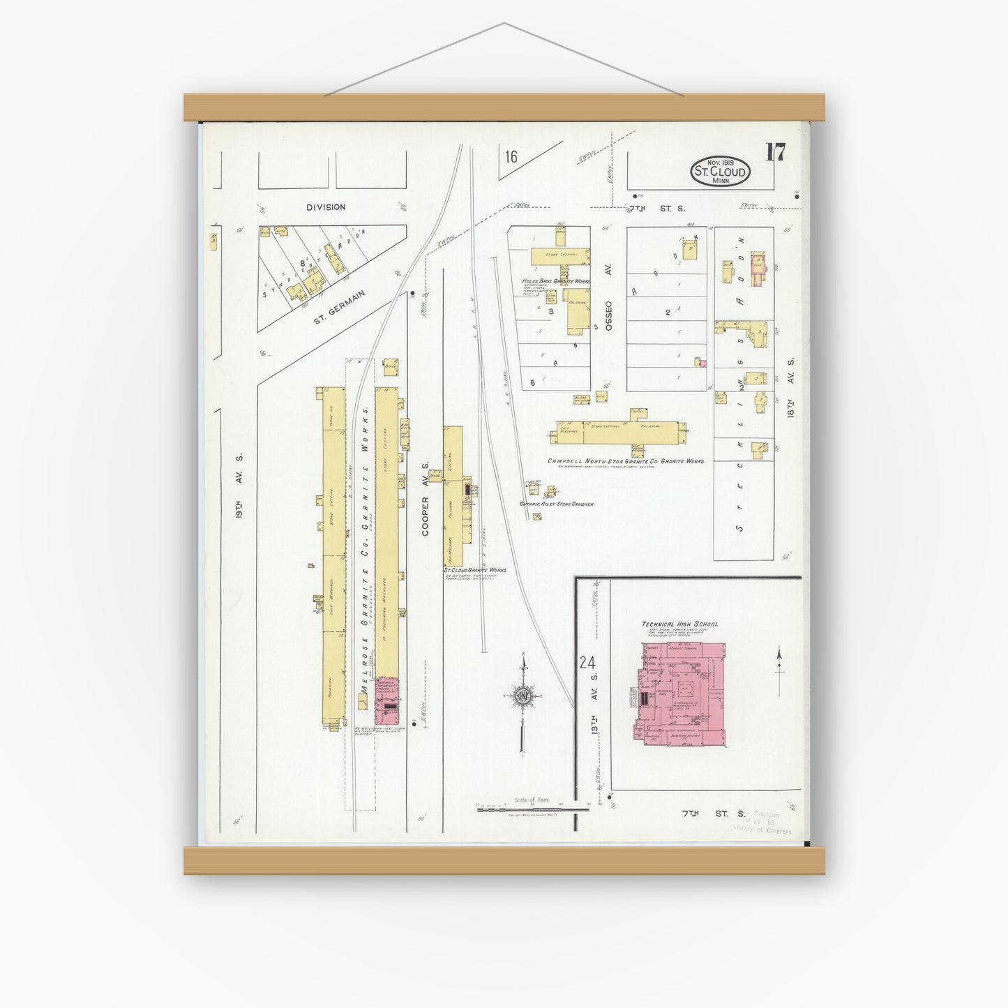Old map wall art mockup — magnetic wood frame on white wall — Sanborn Fire Insurance Map from Saint Cloud, Stearns, Benton, and Sherburne Counties, Minnesota (1919), Sheet #0017
