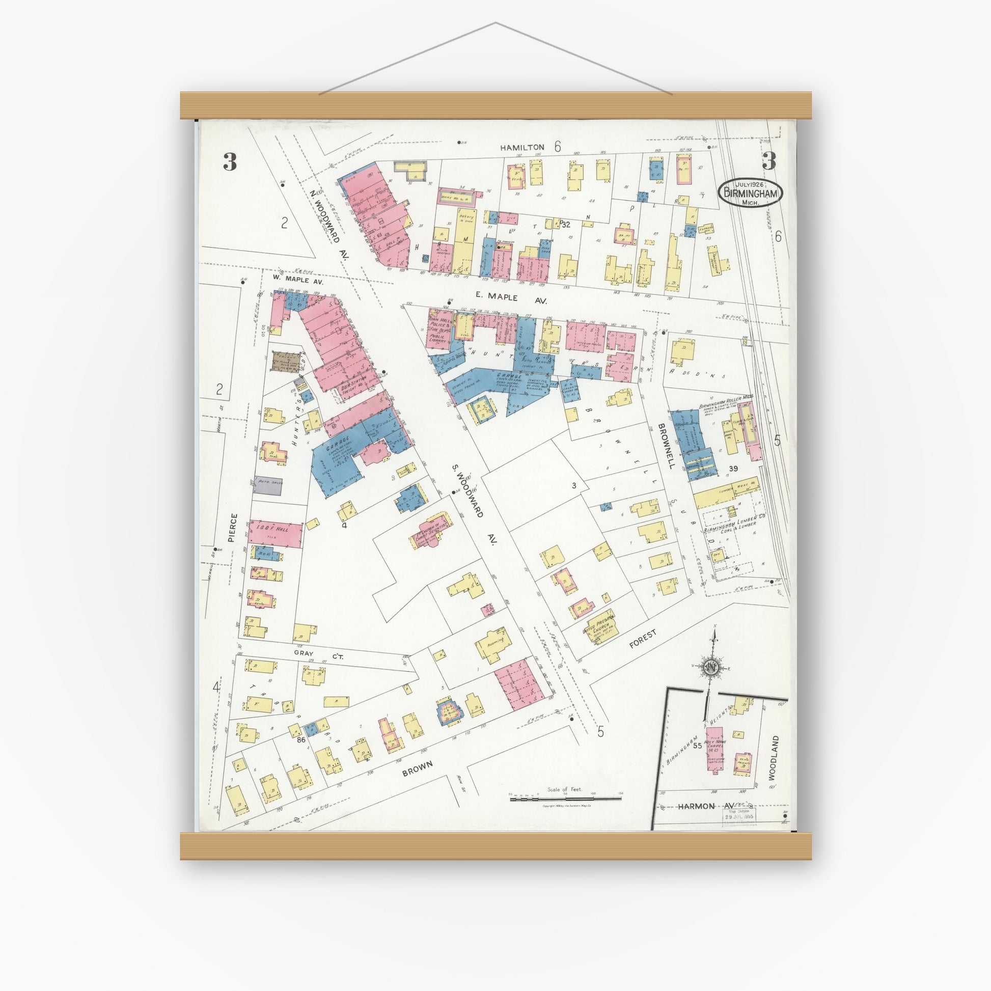 Old map wall art mockup — magnetic wood frame on white wall — Sanborn Fire Insurance Map from Birmingham, Oakland County, Michigan (1926), Sheet #0003