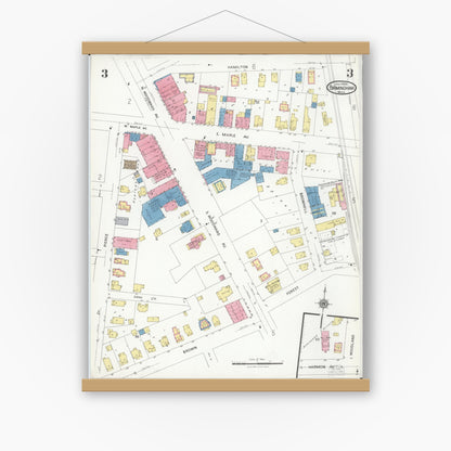 Old map wall art mockup — magnetic wood frame on white wall — Sanborn Fire Insurance Map from Birmingham, Oakland County, Michigan (1926), Sheet #0003