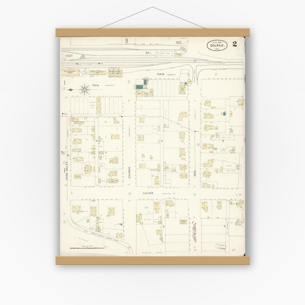 Old map wall art mockup — magnetic wood frame on white wall — Sanborn Fire Insurance Map from Colfax, Placer County, California (1898), Sheet #0002