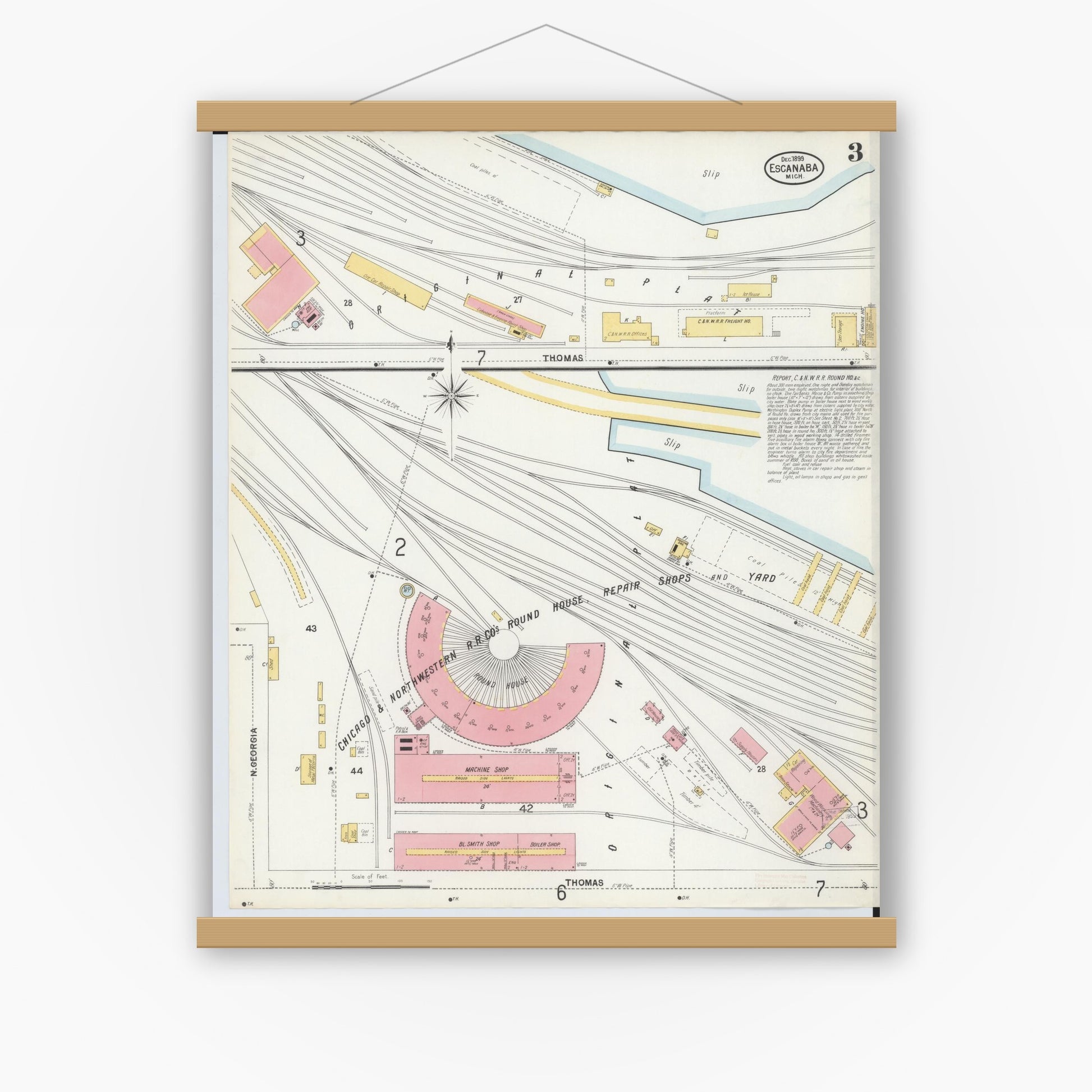 Old map wall art mockup — magnetic wood frame on white wall — Sanborn Fire Insurance Map from Escanaba, Delta County, Michigan (1899), Sheet #0003